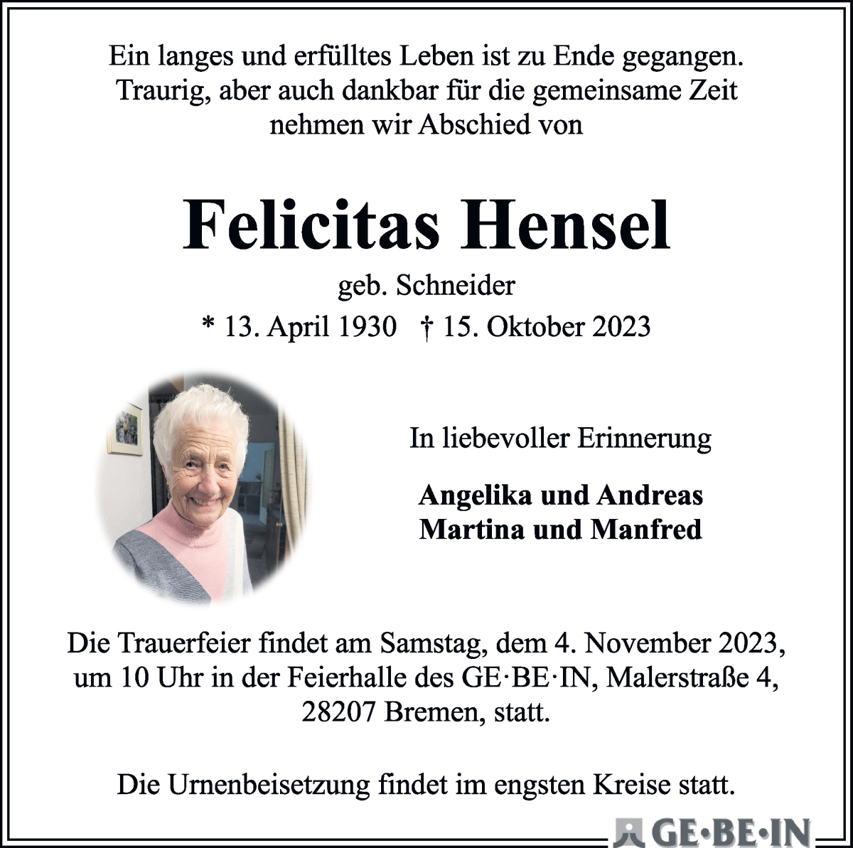  Traueranzeige für Felicitas Hensel vom 28.10.2023 aus WESER-KURIER