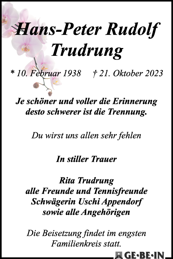Traueranzeige von Hans-Peter Rudolf Trudrung von WESER-KURIER
