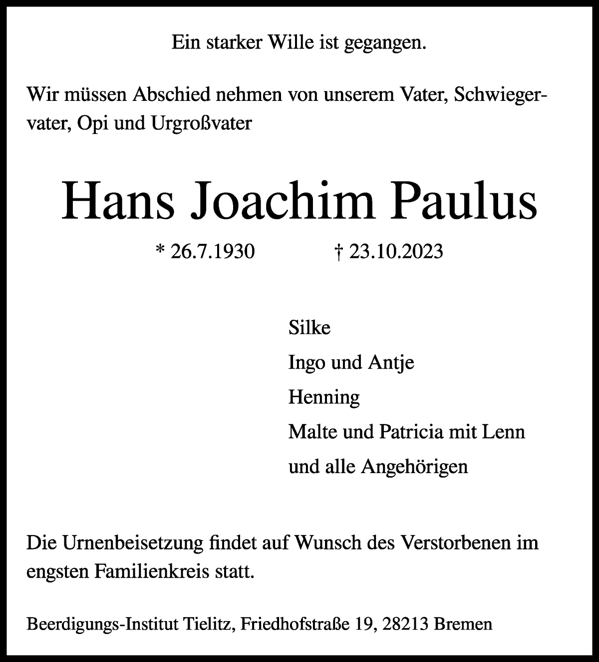 Traueranzeige von Hans Joachim Paulus von WESER-KURIER