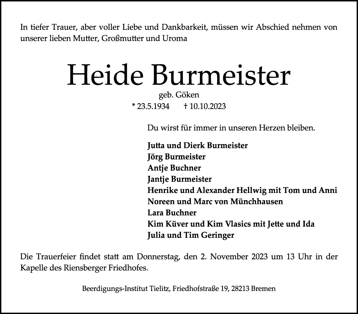 Traueranzeige von Heide Burmeister von WESER-KURIER