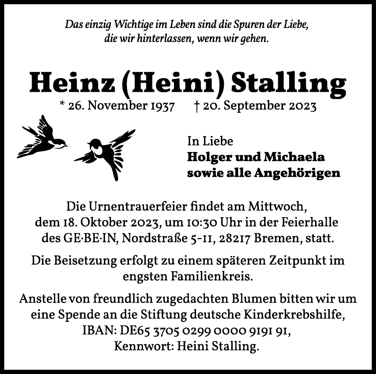 Traueranzeige von Heinz Stalling von WESER-KURIER