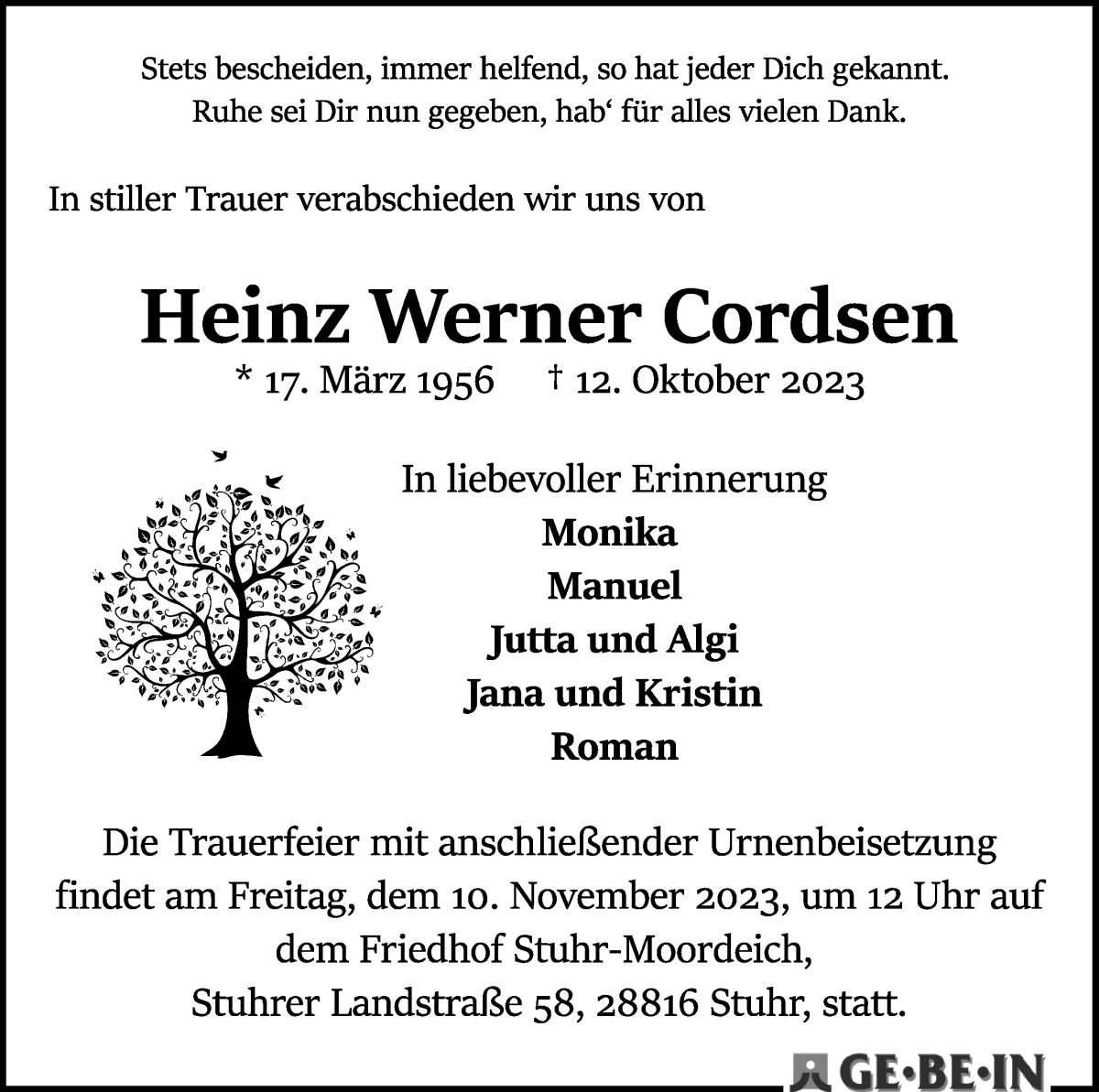Traueranzeige von Heinz Werner Cordsen von WESER-KURIER