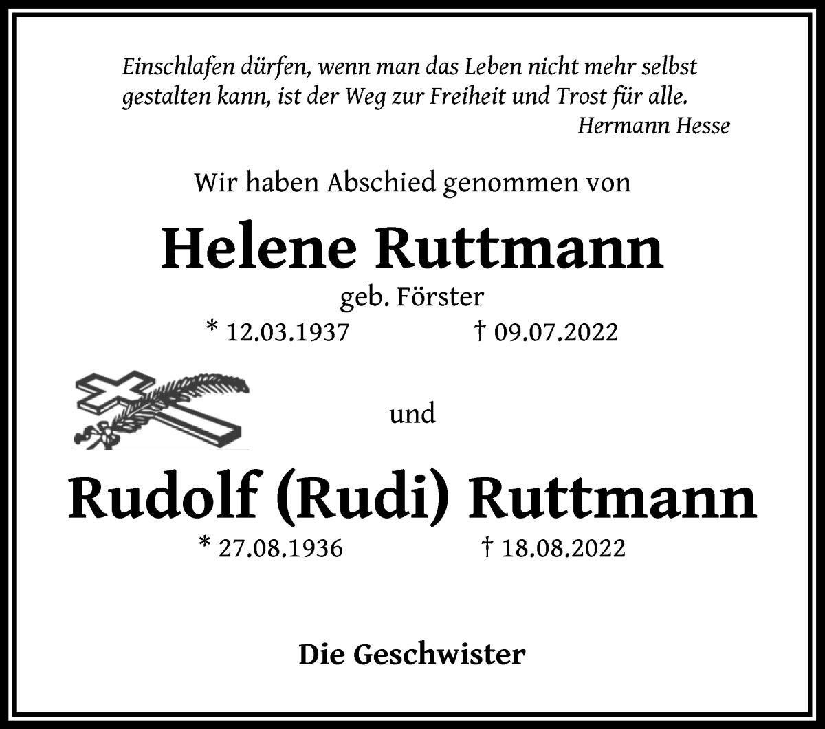 Traueranzeige von Helene und Rudolf Ruttmann von Die Norddeutsche