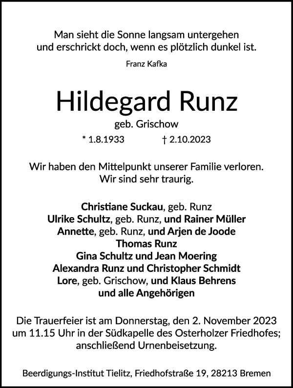 Traueranzeige von Hildegard Runz