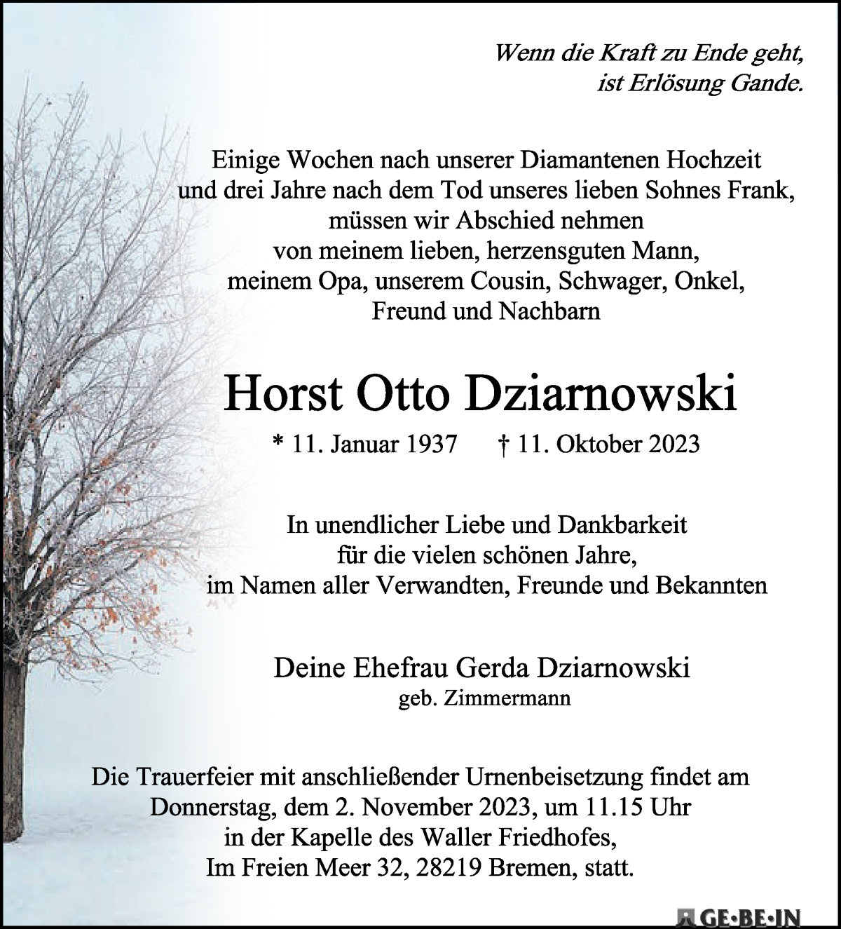 Traueranzeige von Horst Otto Dziarnowski von WESER-KURIER