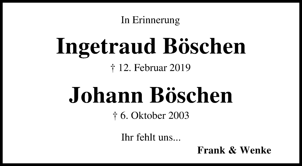 Traueranzeige von Ingetraud und Johann Böschen von Osterholzer Kreisblatt