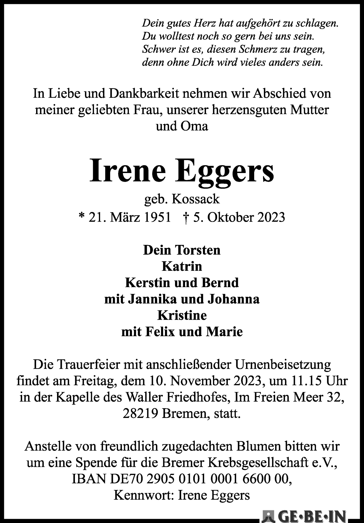 Traueranzeigen von Irene Eggers | Trauer & Gedenken