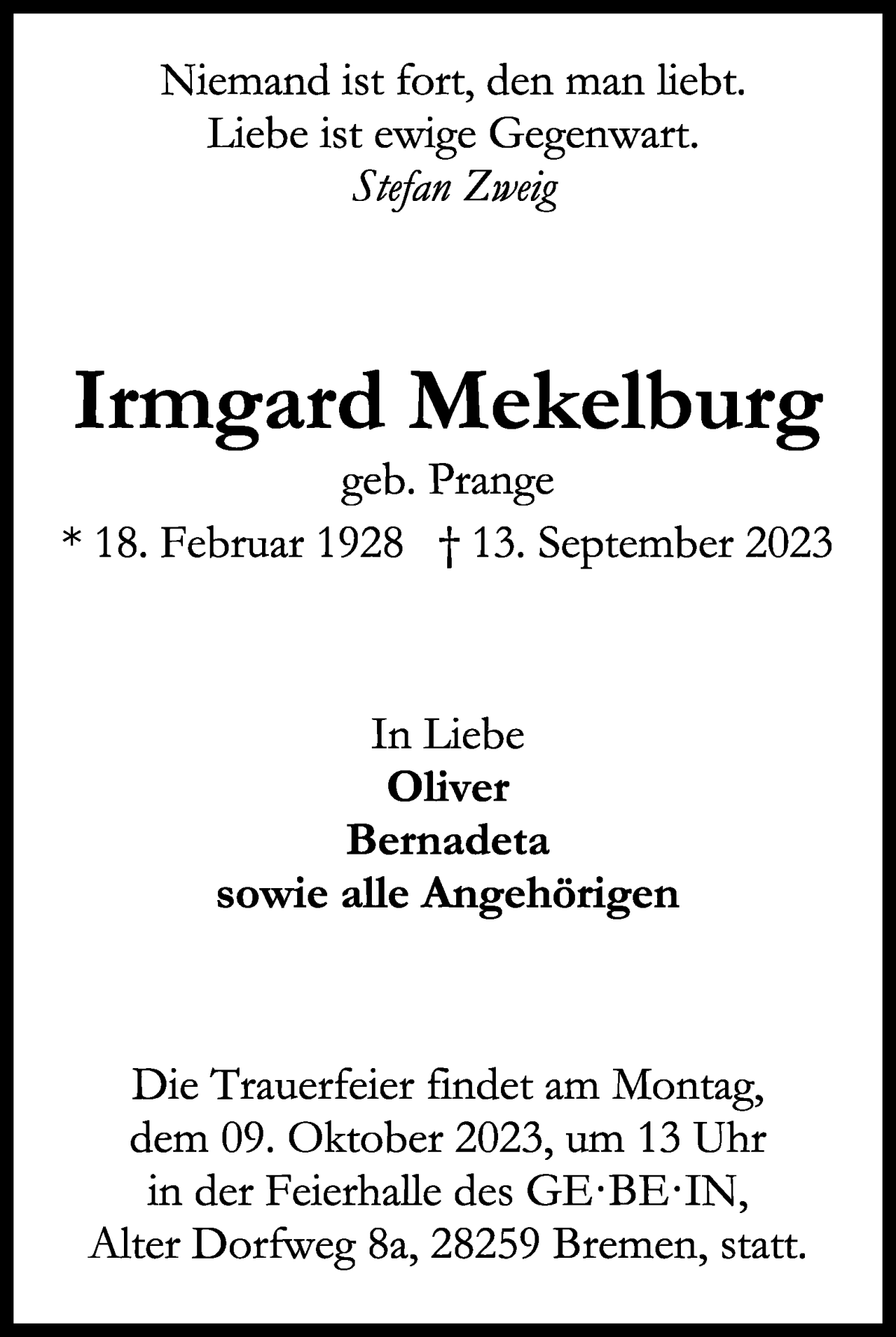 Traueranzeige von Irmgrad Mekelburg von WESER-KURIER