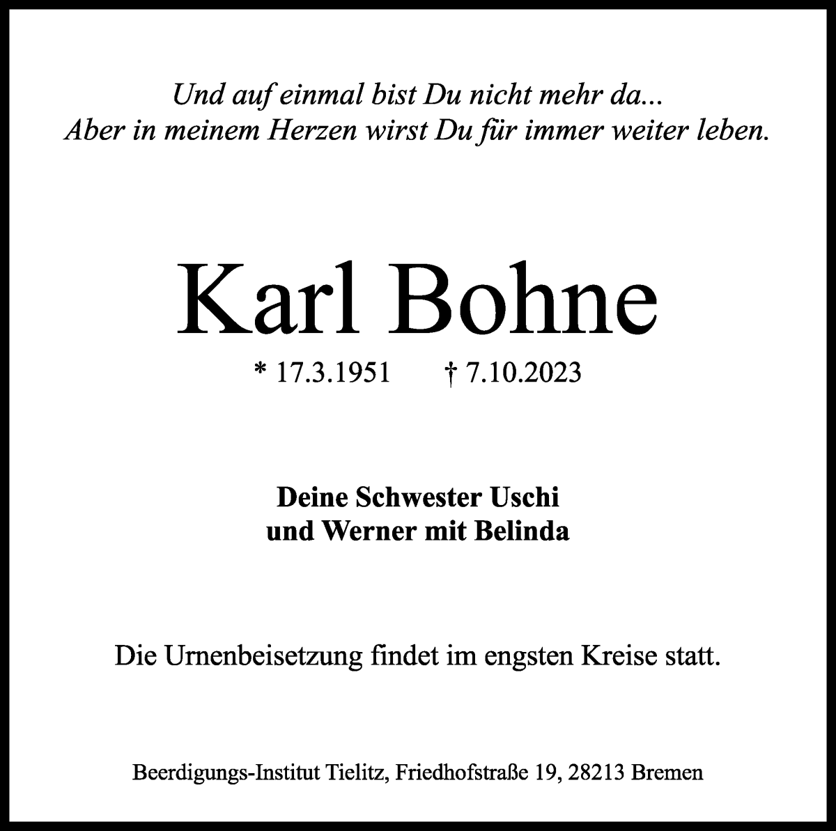 Traueranzeige von Karl Bohne von WESER-KURIER