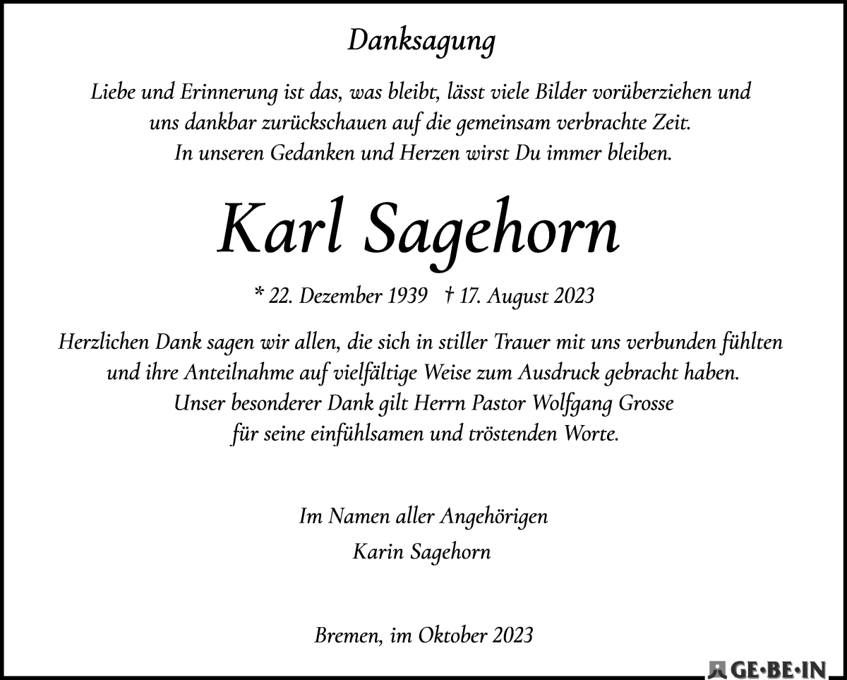 Traueranzeige von Karl Sagehorn von WESER-KURIER