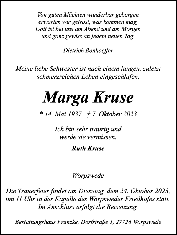 Traueranzeige von Marga Kruse von WESER-KURIER