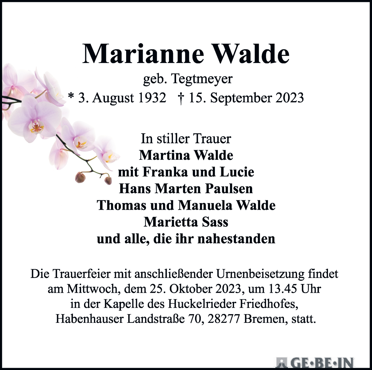Traueranzeige von Marianne Walde von WESER-KURIER