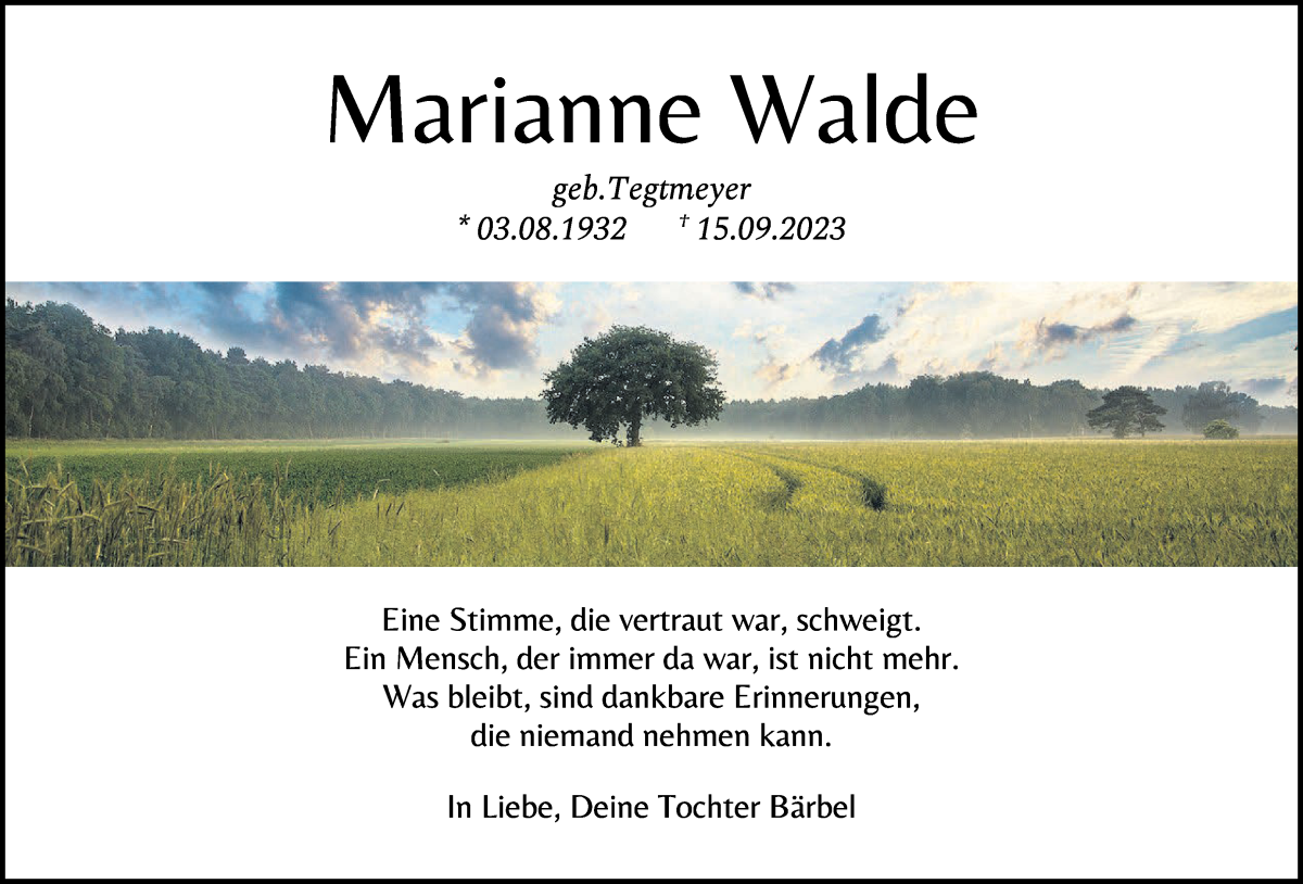 Traueranzeige von Marianne Walde von WESER-KURIER