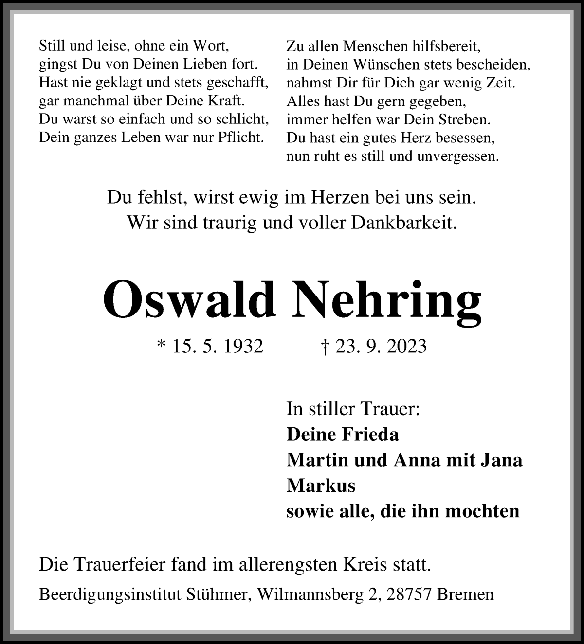 Traueranzeige von Oswald Nehring von Die Norddeutsche