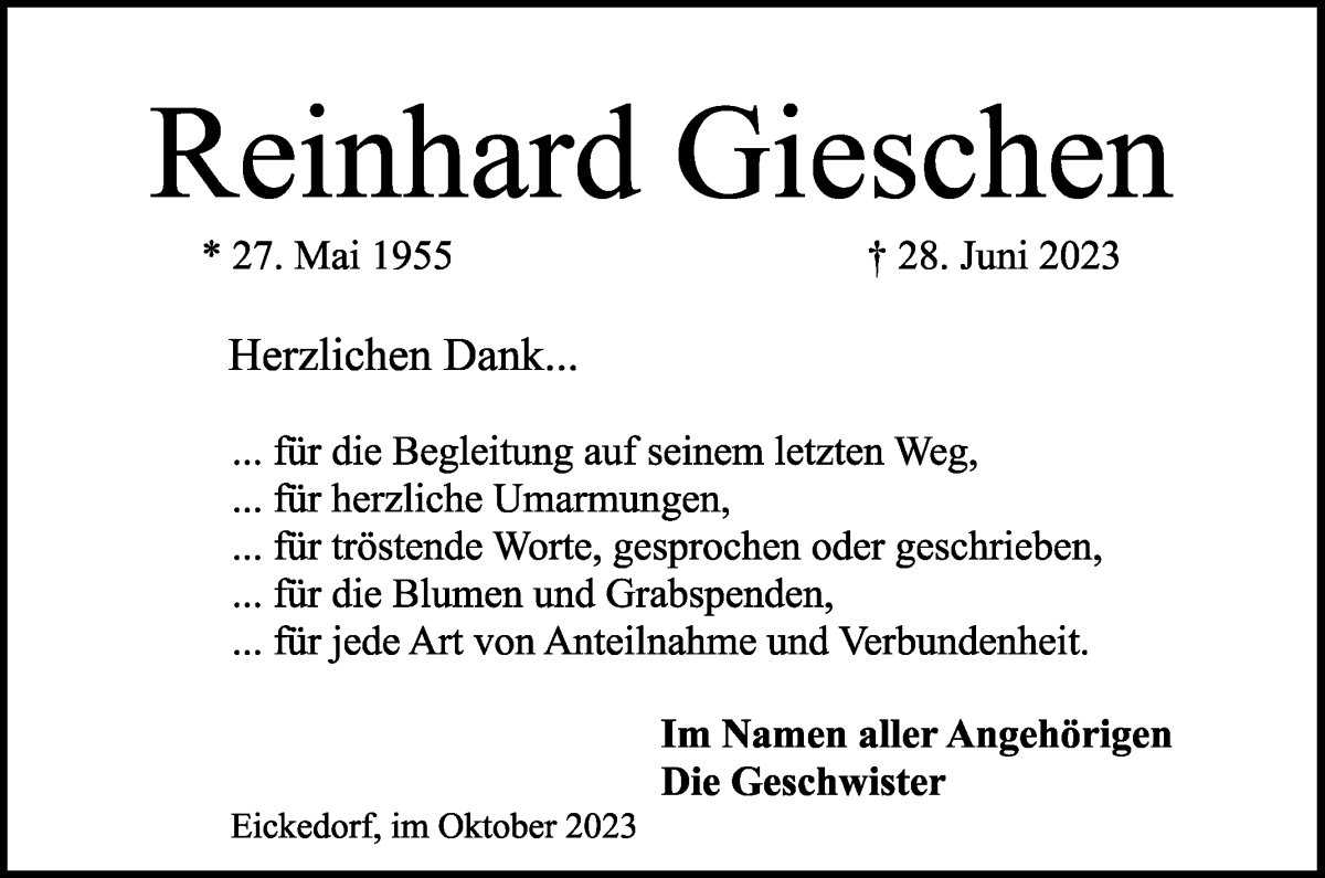 Traueranzeige von Reinhard Gieschen von Wuemme Zeitung