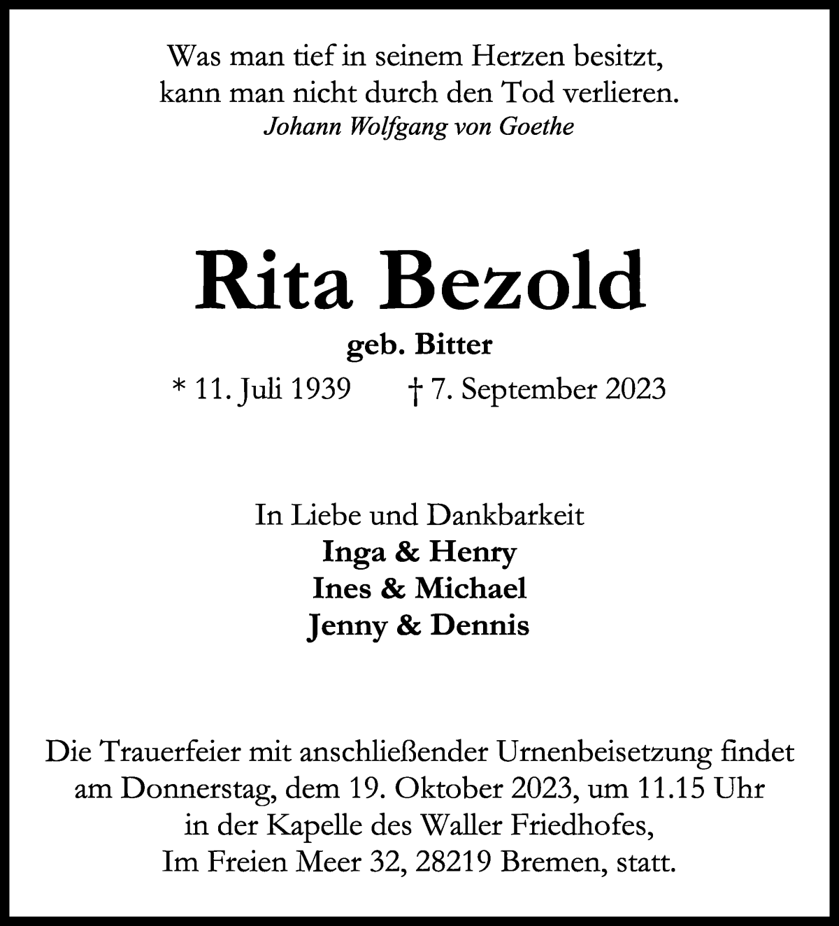 Traueranzeige von Rita Bezold von WESER-KURIER