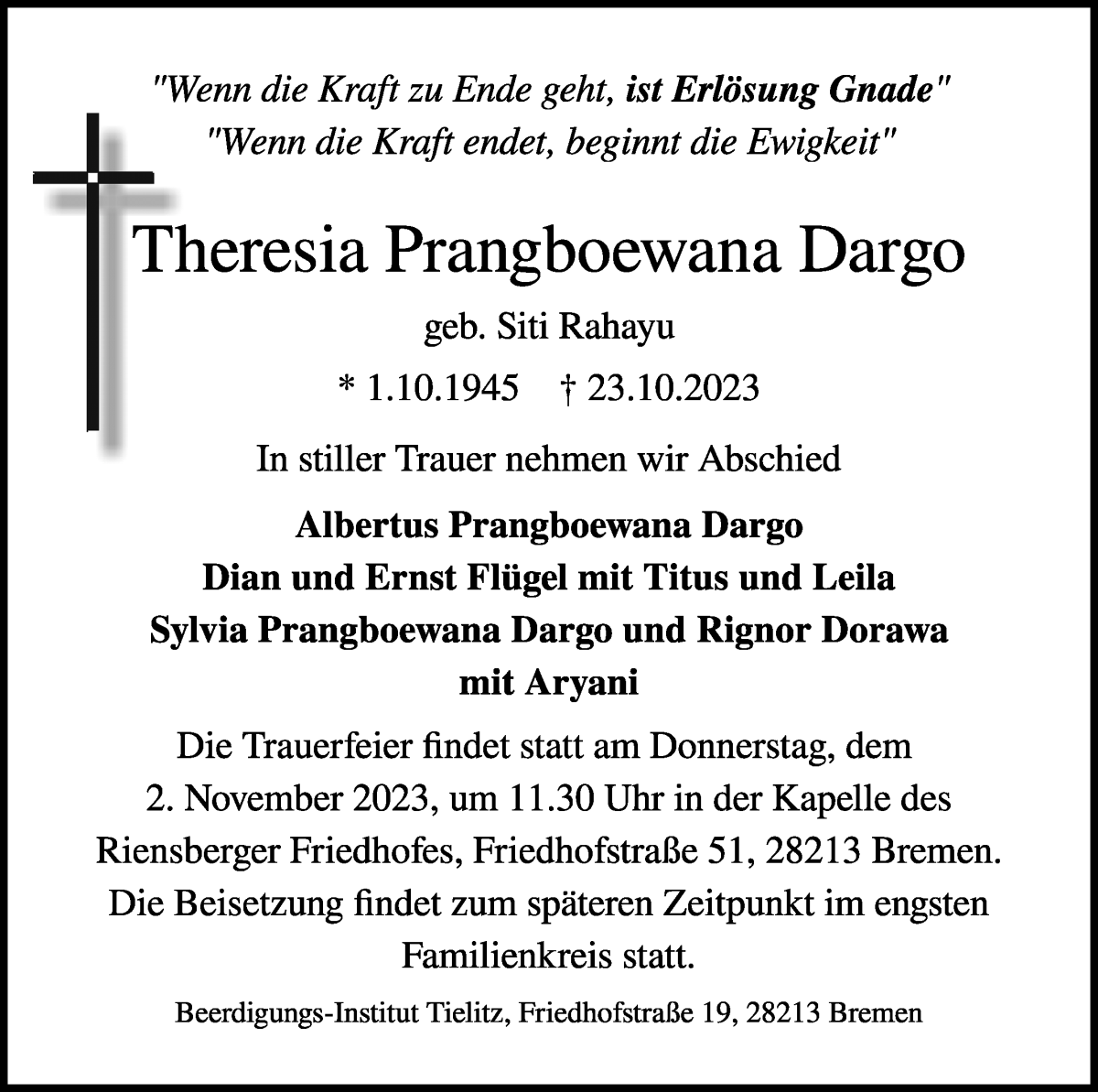 Traueranzeige von Theresia Prangboewana Dargo von WESER-KURIER