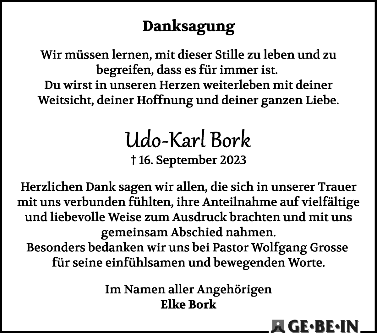 Traueranzeige von Udo-Karl Bork von WESER-KURIER