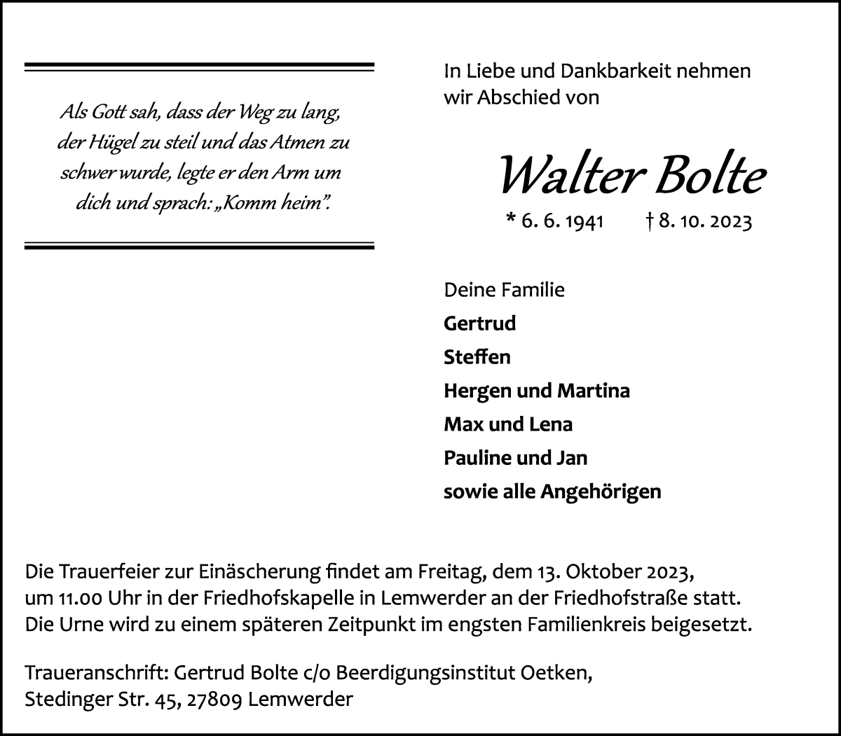  Traueranzeige für Walter Bolte vom 11.10.2023 aus Die Norddeutsche