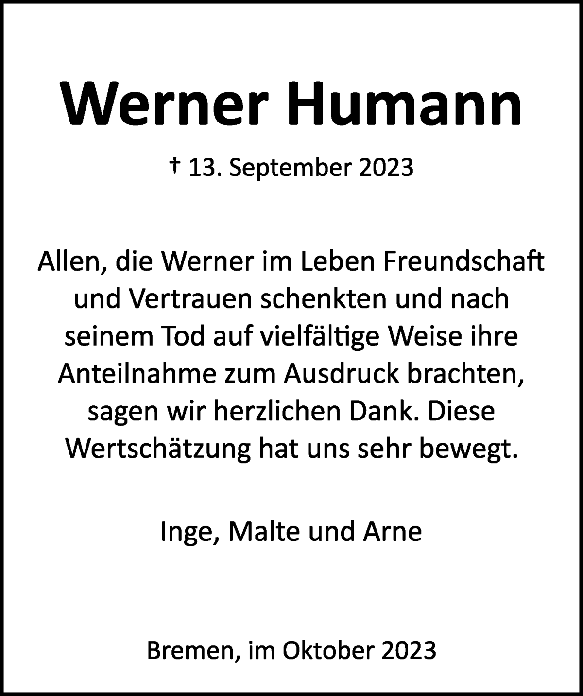 Traueranzeige von Werner Humann von WESER-KURIER