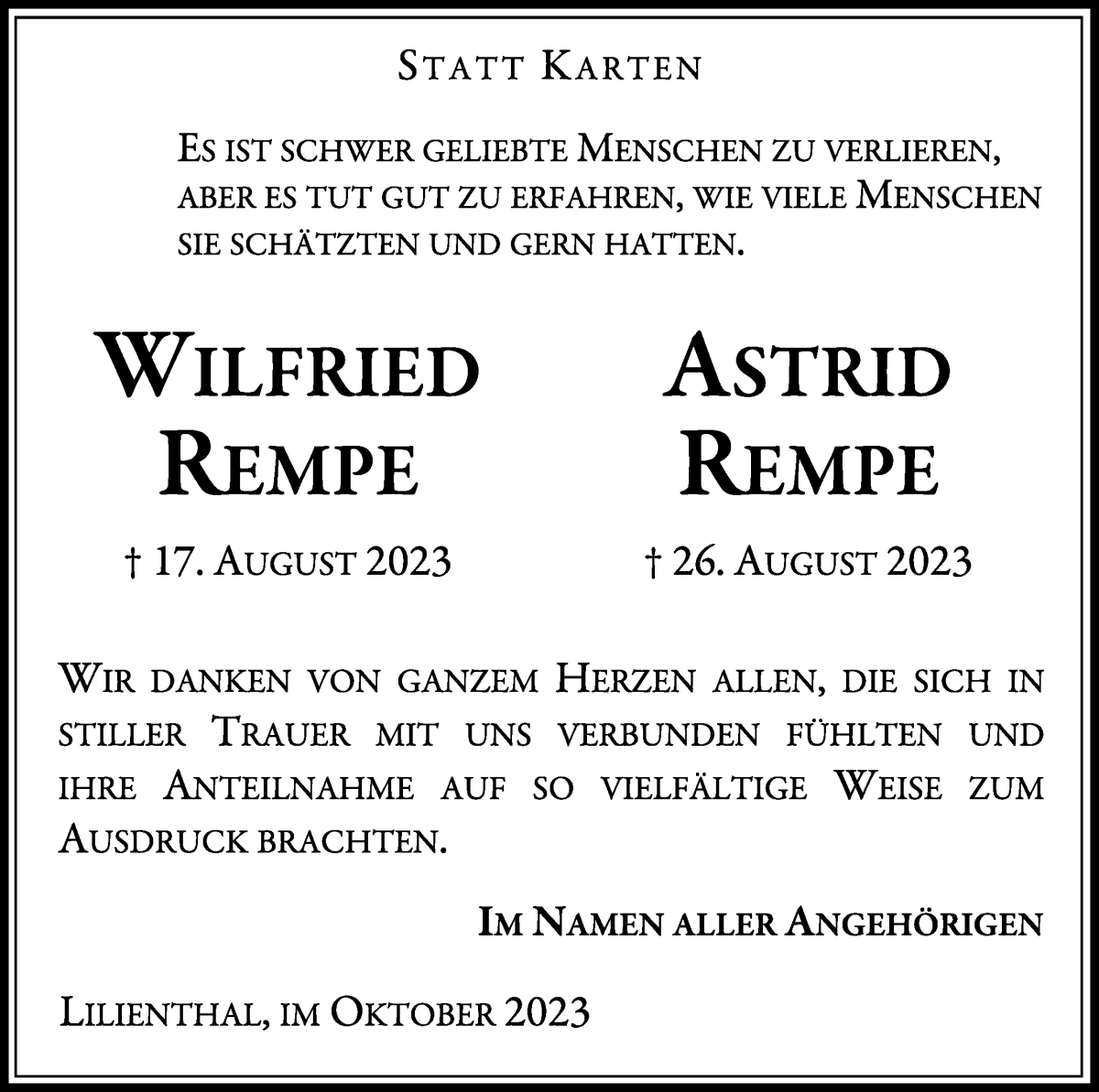 Traueranzeige von Wilfried und Astrid Rempe von WESER-KURIER