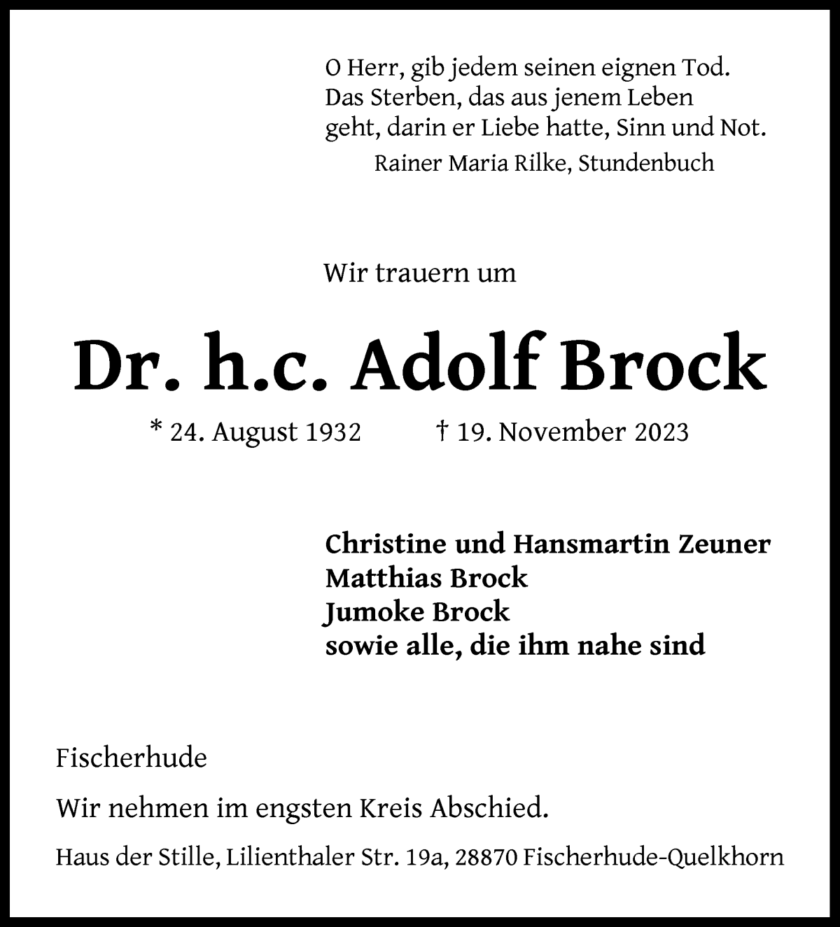  Traueranzeige für Adolf Brock vom 29.11.2023 aus WESER-KURIER