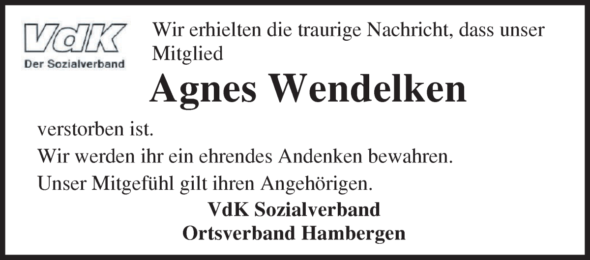 Traueranzeige von Agnes Wendelken von Osterholzer Kreisblatt