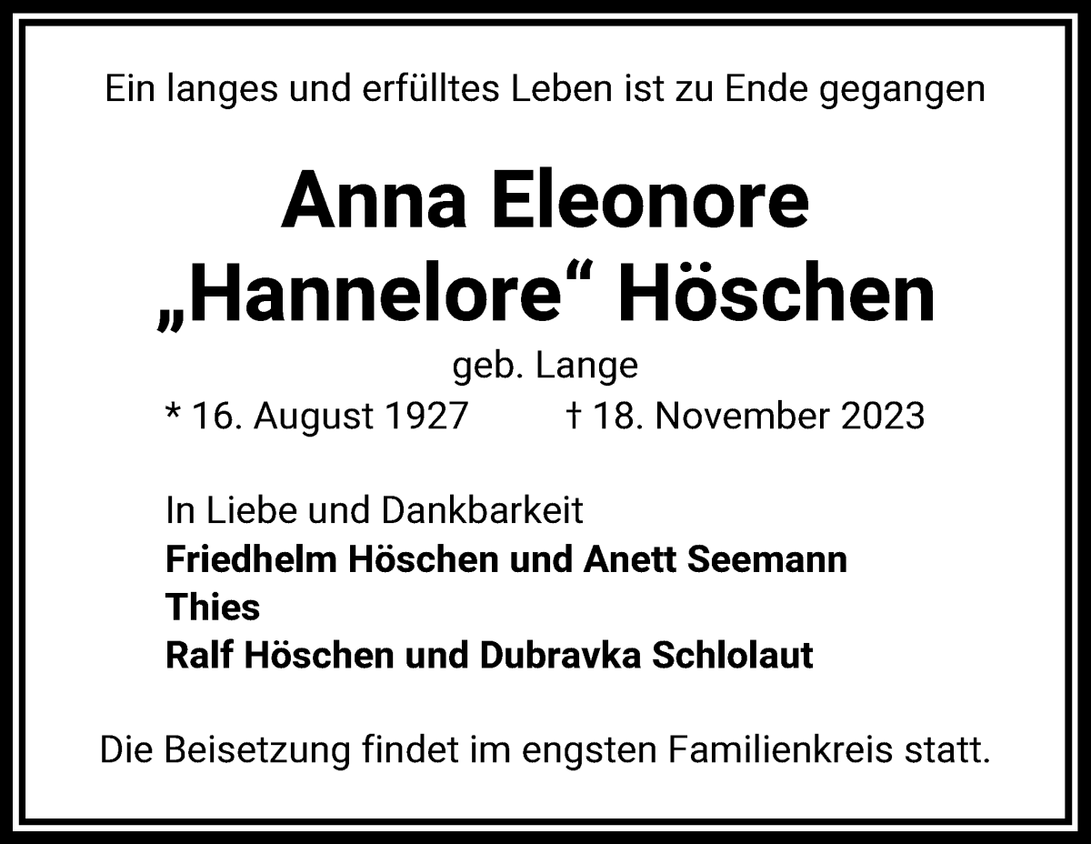 Traueranzeige von Anna Eleonore Höschen von Die Norddeutsche