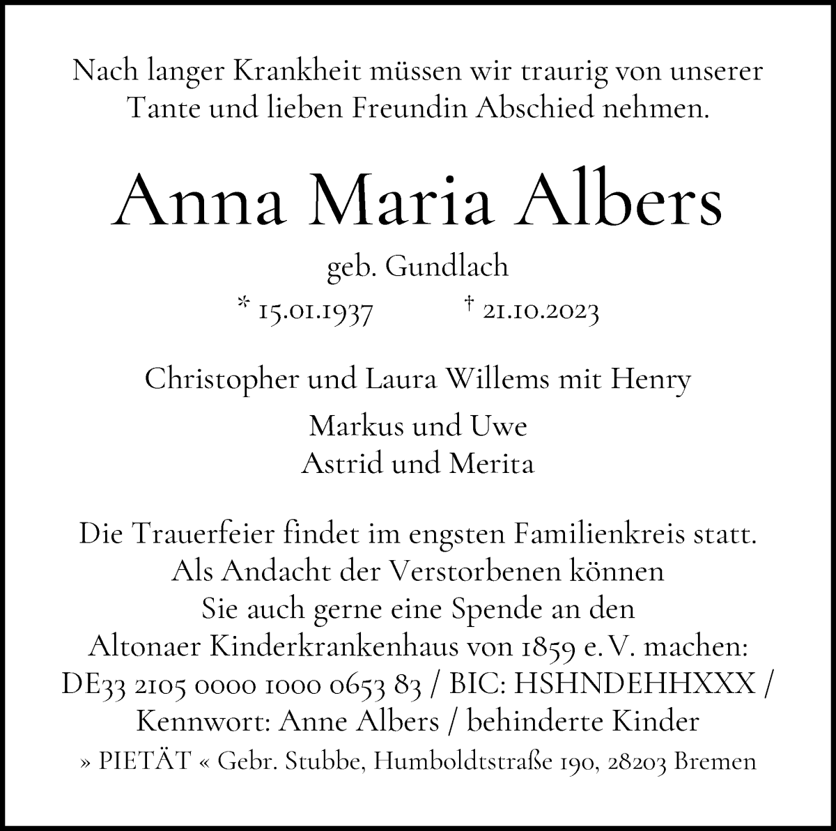 Traueranzeige von Anna Maria Albers von WESER-KURIER