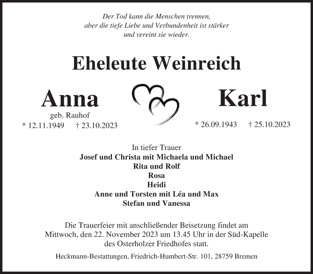 Traueranzeige von Anna und Karl Weinreich von WESER-KURIER