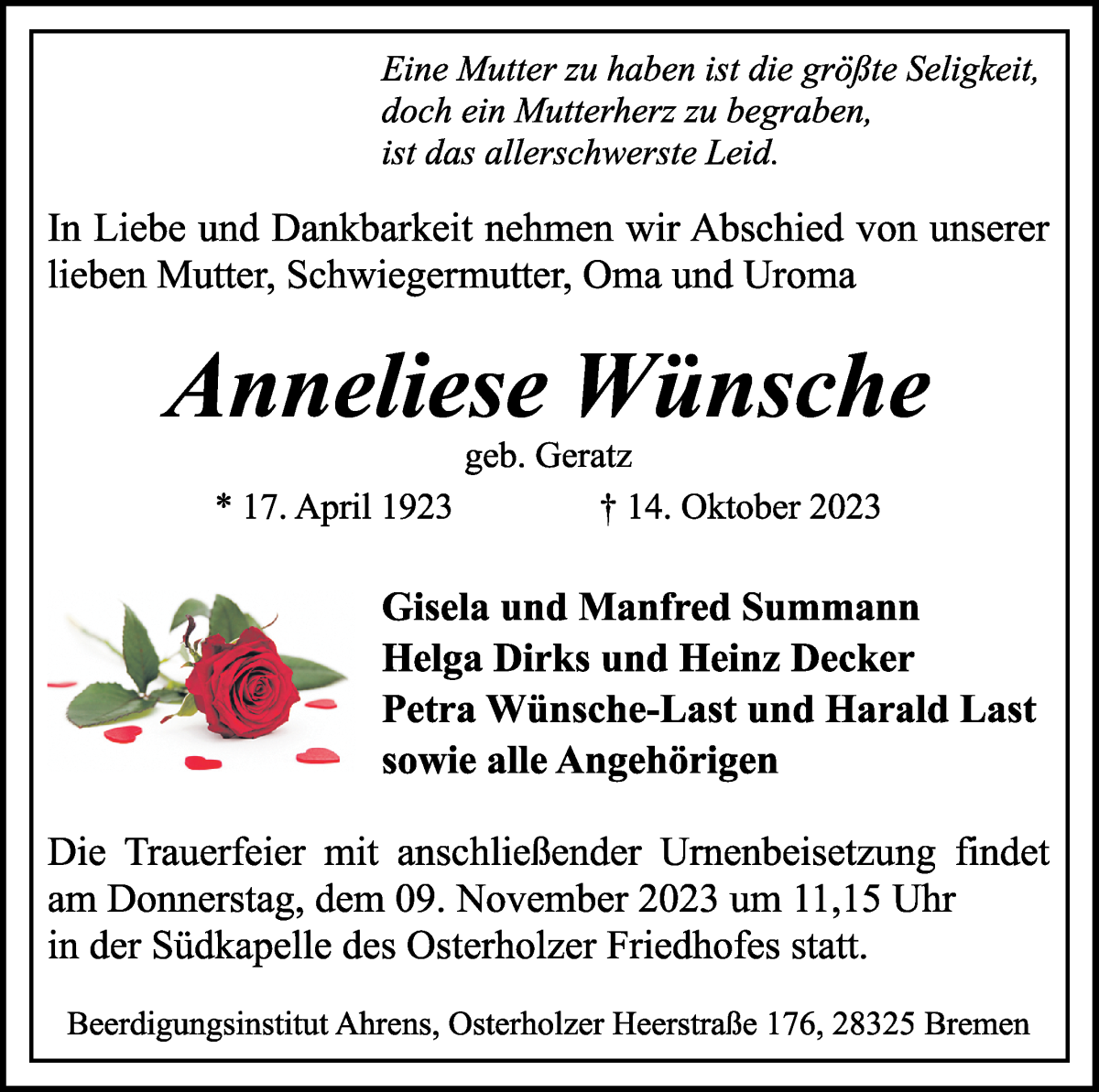 Traueranzeige von Anneliese Wünsche von WESER-KURIER