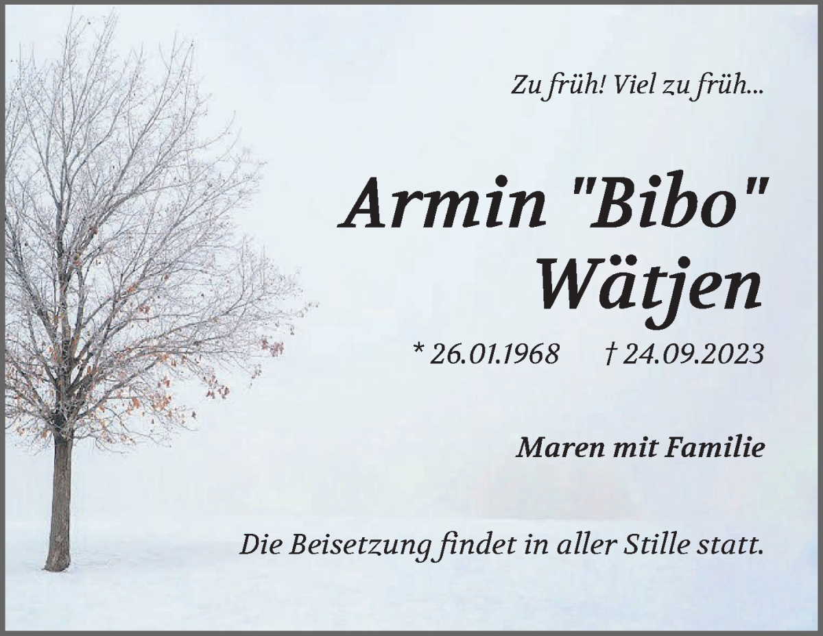  Traueranzeige für Armin Bibo Wätjen vom 03.11.2023 aus WESER-KURIER