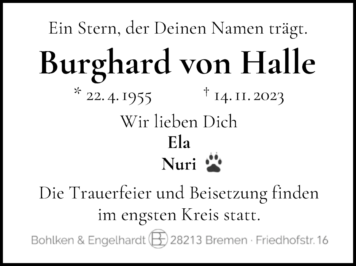  Traueranzeige für Burghard von Halle vom 18.11.2023 aus WESER-KURIER