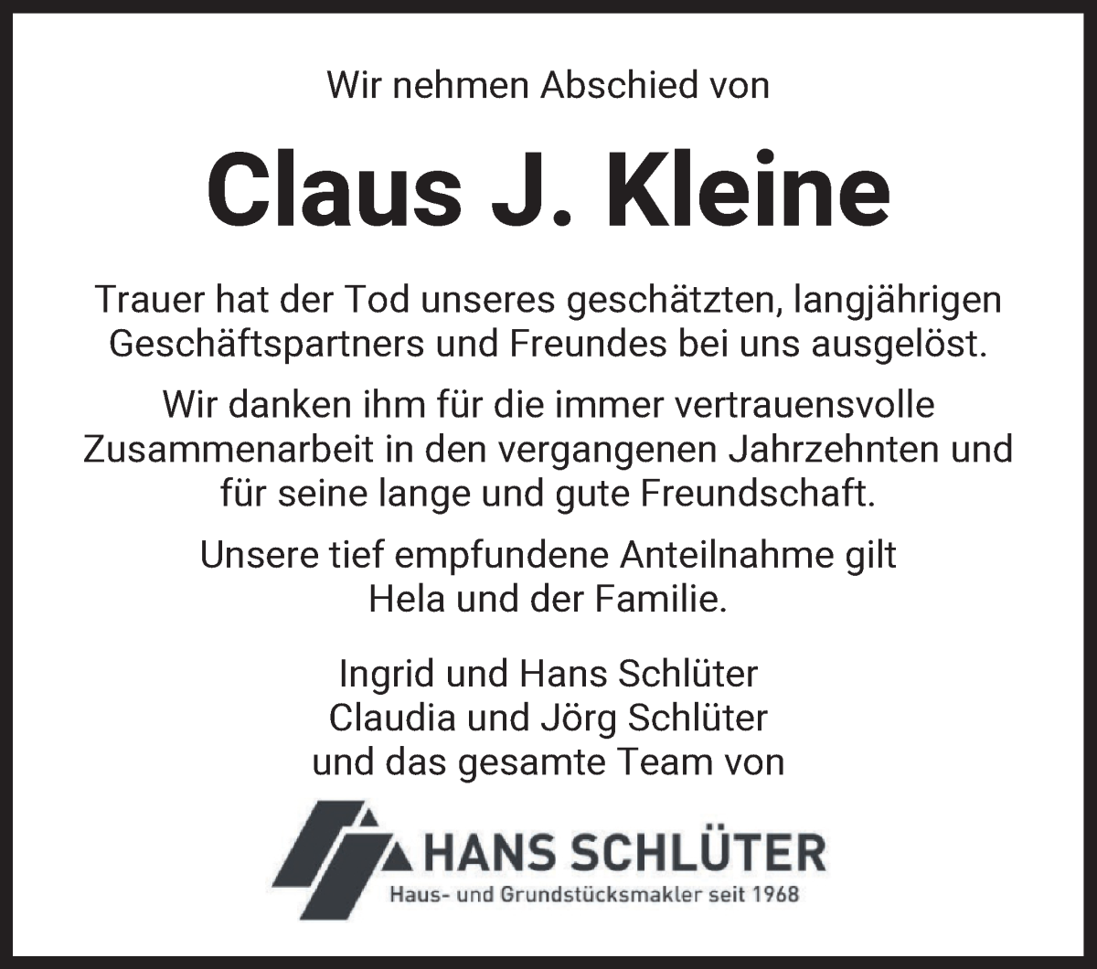 Traueranzeige von Claus J. Kleine von WESER-KURIER