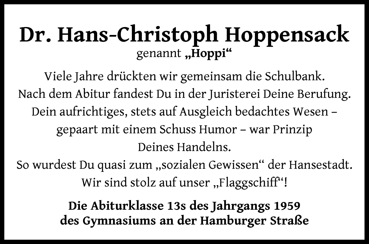 Traueranzeige von Dr. Hans-Christoph Hoppensack von WESER-KURIER