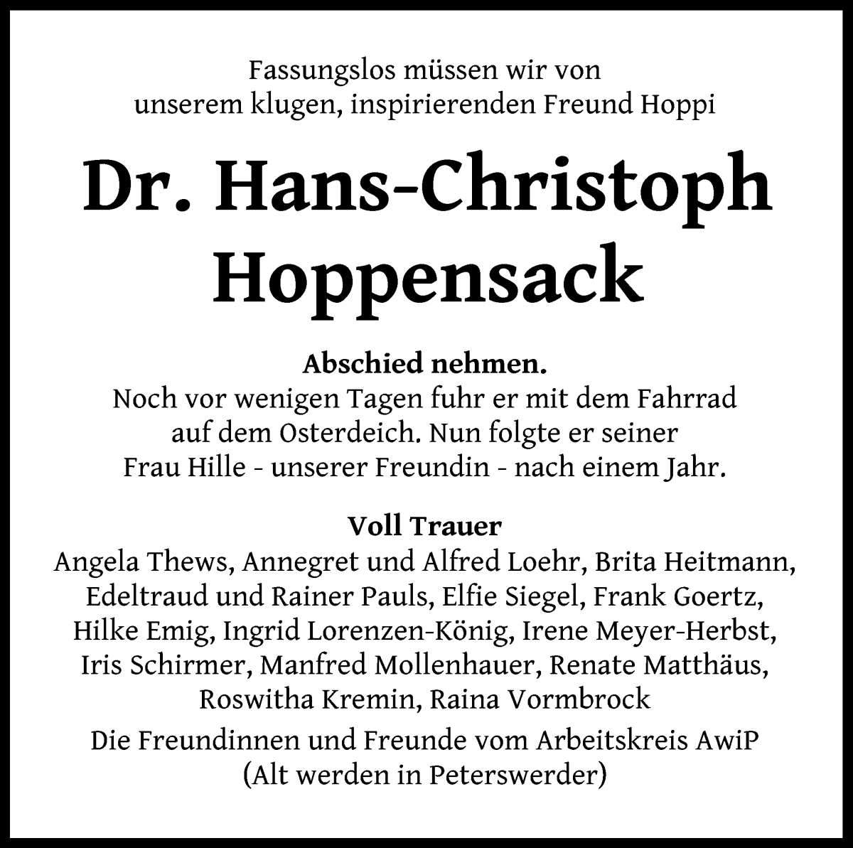 Traueranzeige von Dr. Hans Christoph Hoppensack von WESER-KURIER
