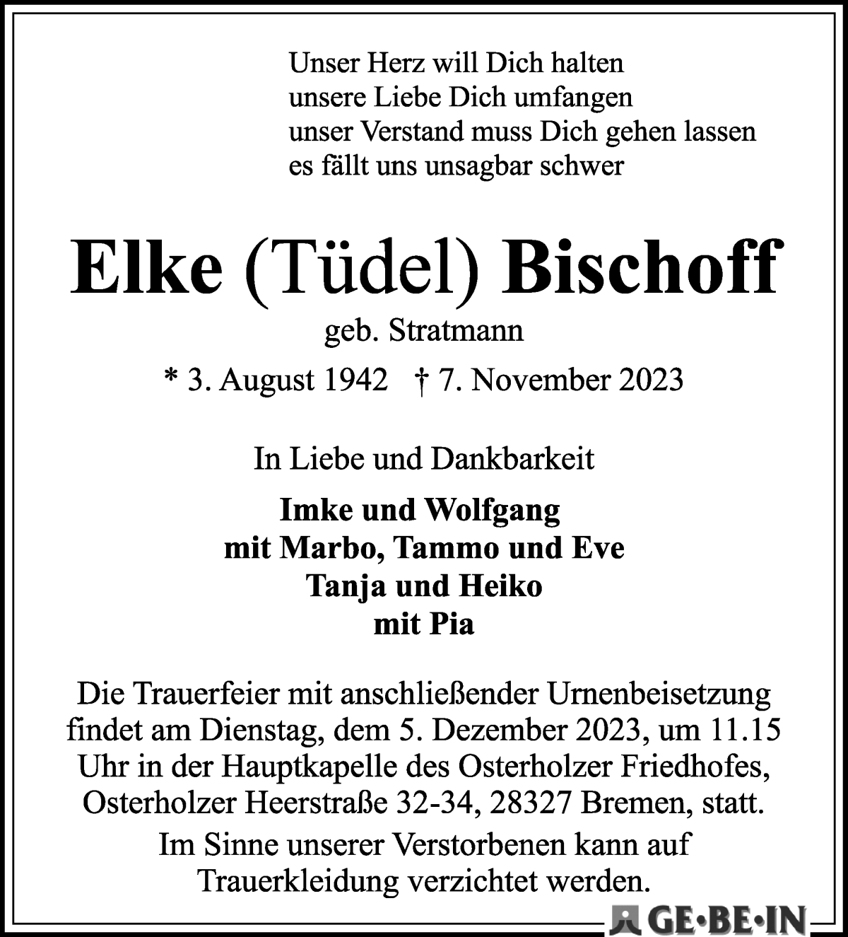  Traueranzeige für Elke Bischoff vom 25.11.2023 aus WESER-KURIER