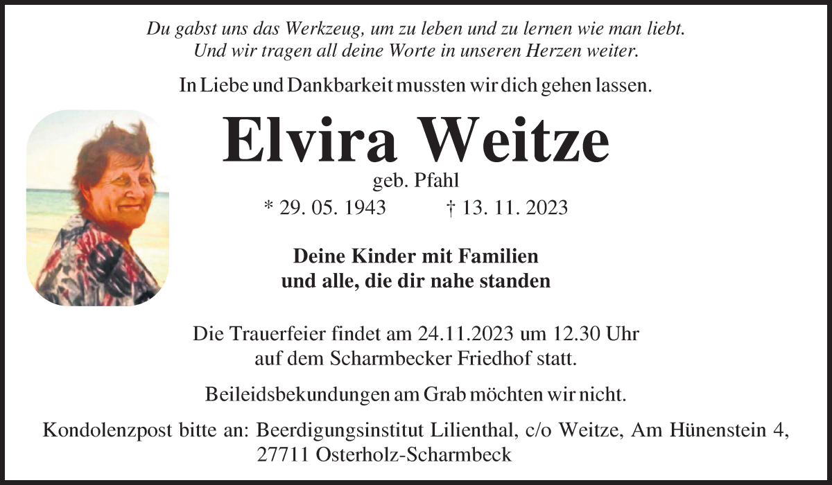  Traueranzeige für Elvira Weitze vom 20.11.2023 aus Osterholzer Kreisblatt