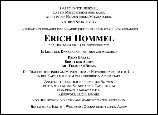 Traueranzeige von Erich Hommel von WESER-KURIER