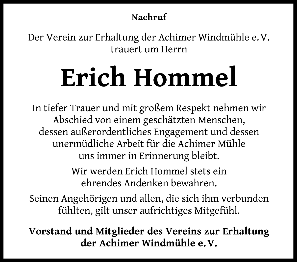 Traueranzeige von Erich Hommel von Achimer Kurier/Verdener Nachrichten