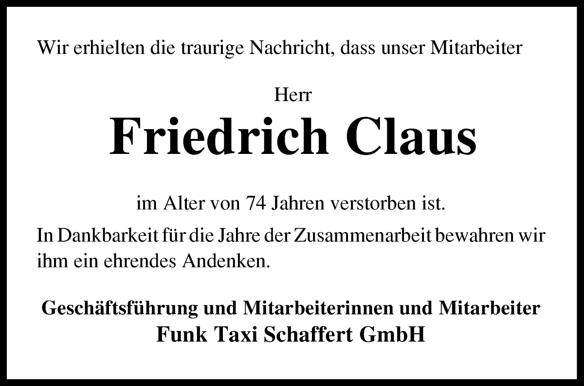 Traueranzeige von Friedrich Claus von Wuemme Zeitung