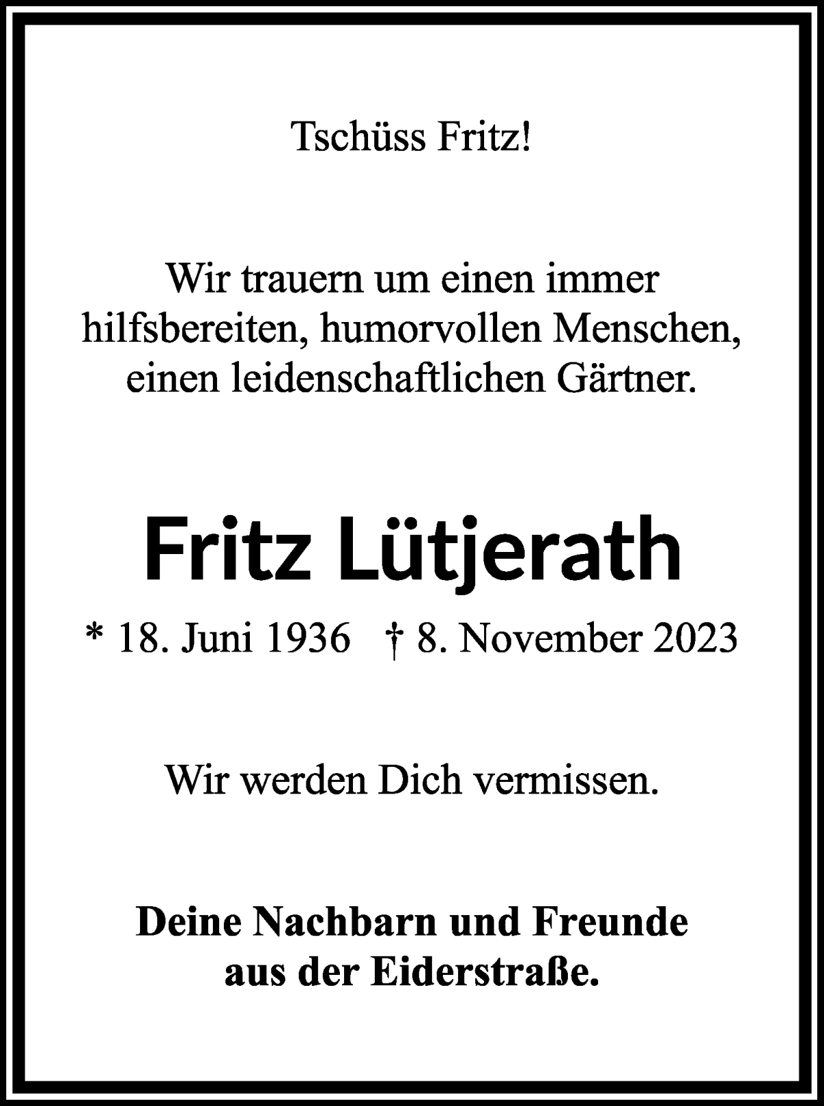 Traueranzeige von Fritz Lütjerath von WESER-KURIER