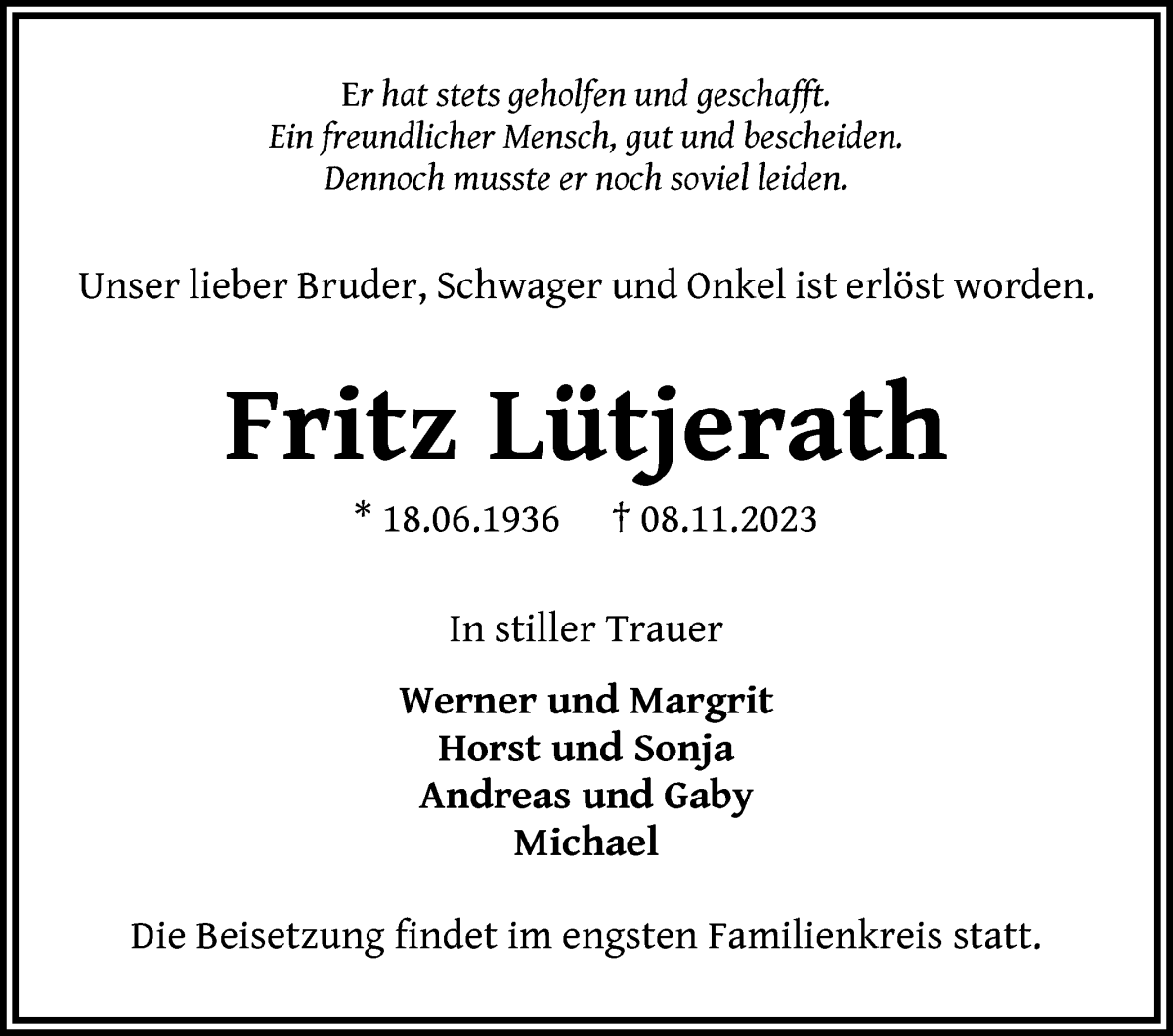 Traueranzeige von Fritz Lütjerath von WESER-KURIER