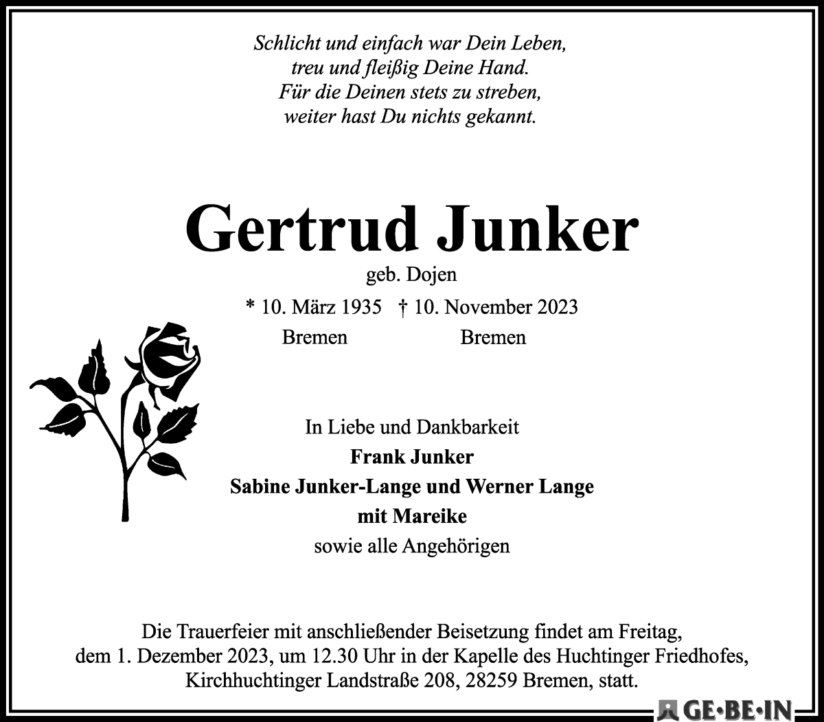 Traueranzeige von Gertrud Junker von WESER-KURIER