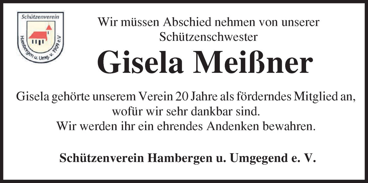 Traueranzeige von Gisela Meißner von Osterholzer Kreisblatt