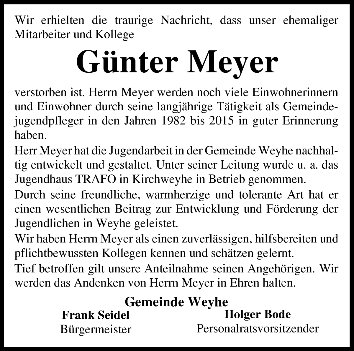 Traueranzeige von Günter Meyer von Regionale Rundschau/Syker Kurier