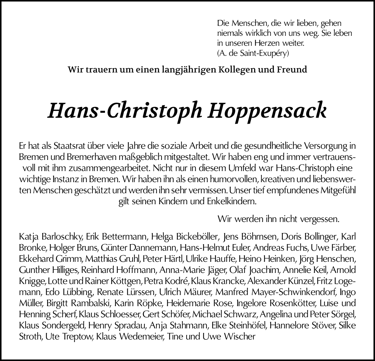  Traueranzeige für Hans-Christoph Hoppensack vom 18.11.2023 aus WESER-KURIER