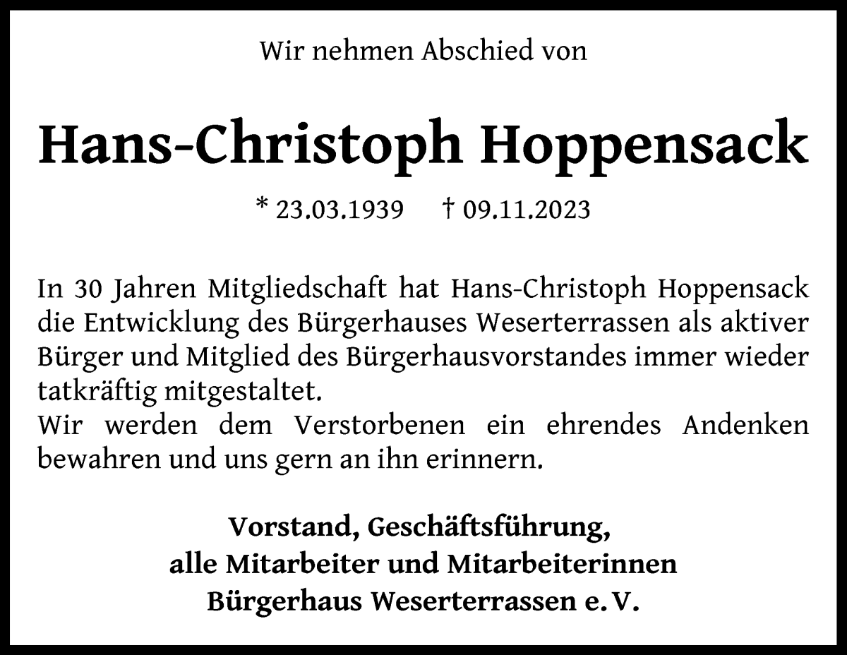  Traueranzeige für Hans-Christoph Hoppensack vom 18.11.2023 aus WESER-KURIER