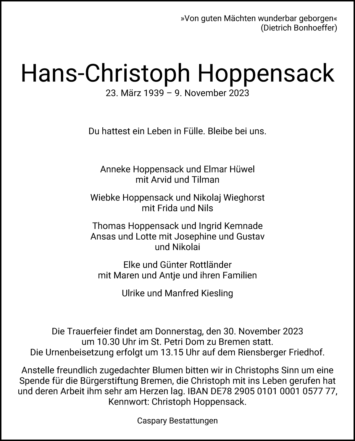  Traueranzeige für Hans-Christoph Hoppensack vom 18.11.2023 aus WESER-KURIER