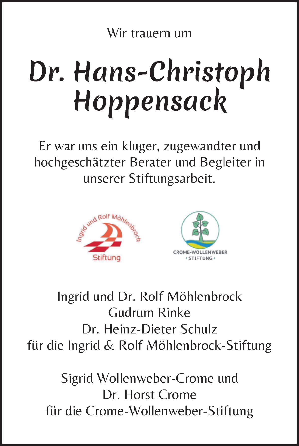  Traueranzeige für Hans-Christoph Hoppensack vom 18.11.2023 aus WESER-KURIER